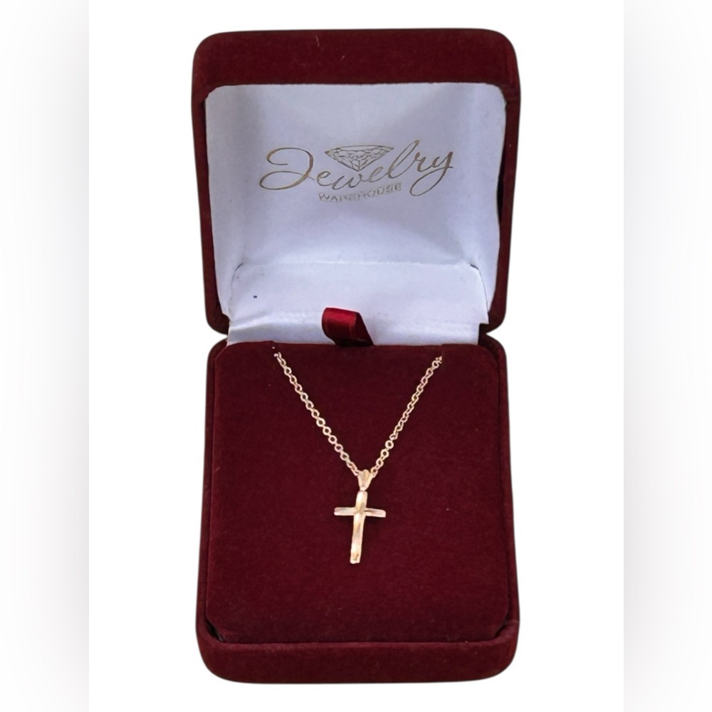 14k Frosted Yellow Gold Cross Pendant Diamond Cut Vtg 90’s on GF 16” Chain